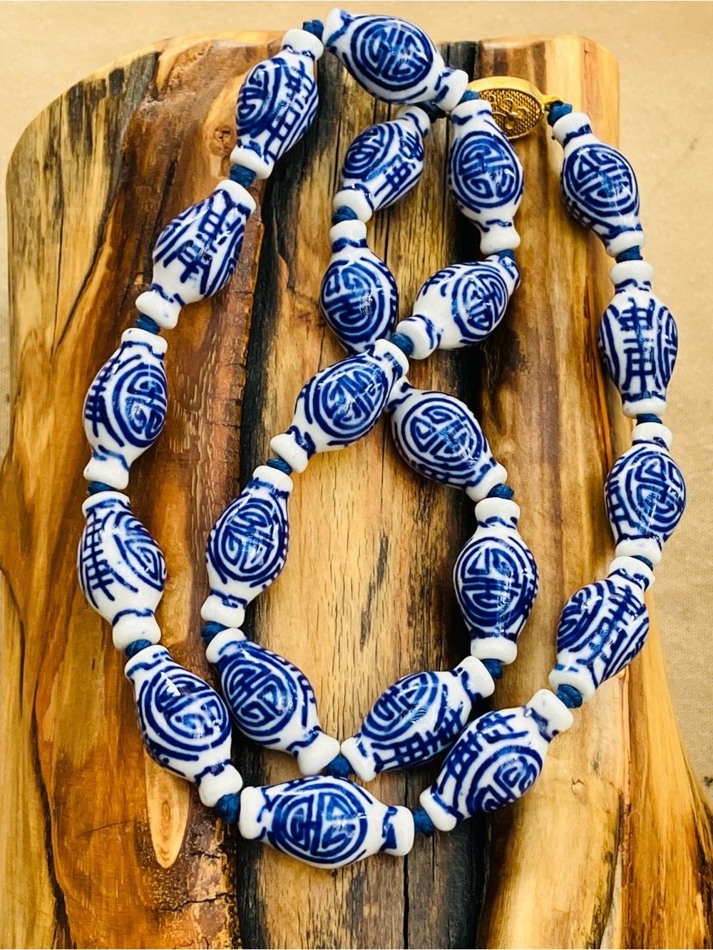 Vintage Porcelain Blue and White Chinese Beads Necklace Silk Knotted 22”